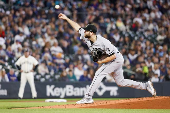 Jun 17, 2023; Seattle, Washington, USA; Chicago White Sox starting pitcher Lucas Giolito (27) throws against the Seattle Mariners during the first inning at T-Mobile Park.