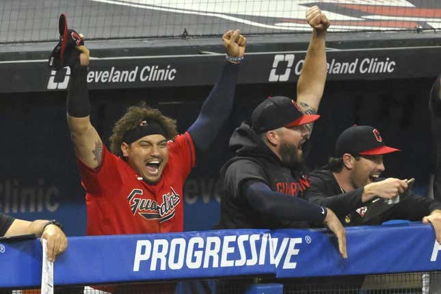 Jun 21, 2023; Cleveland, Ohio, USA; Cleveland Guardians first baseman Josh Naylor (left) celebrates after watching his brother, catcher Bo Naylor (not pictured), get his first hit in the eighth inning against the Oakland Athletics at Progressive Field.