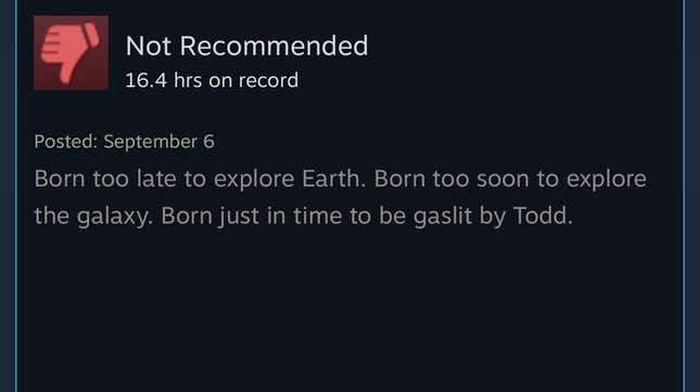 Snímek obrazovky zobrazující recenzi Starfield Steam.