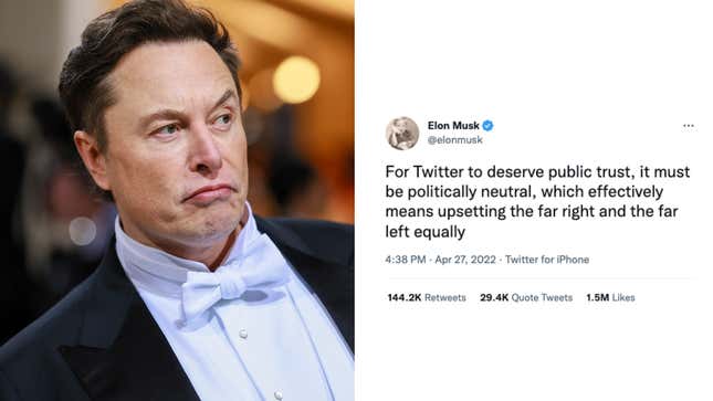Image for article titled Elon Musk Said Twitter &#39;Must Be Politically Neutral,&#39; Then Endorsed Republicans