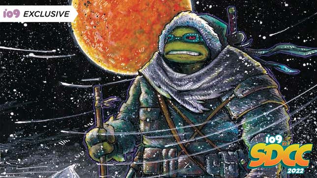 The Last Ronin ninja turtle walks through a winter storm, with a blood-red moon behind them.