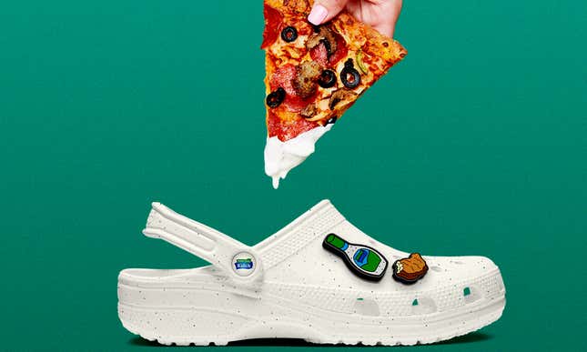 Graphic of pizza dripping ranch onto white Croc with ranch charms