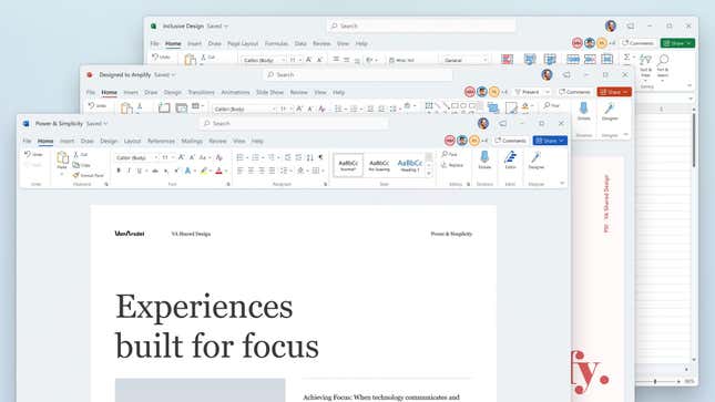 A photo of three screenshots stacked on top of one another showing the new look of Office