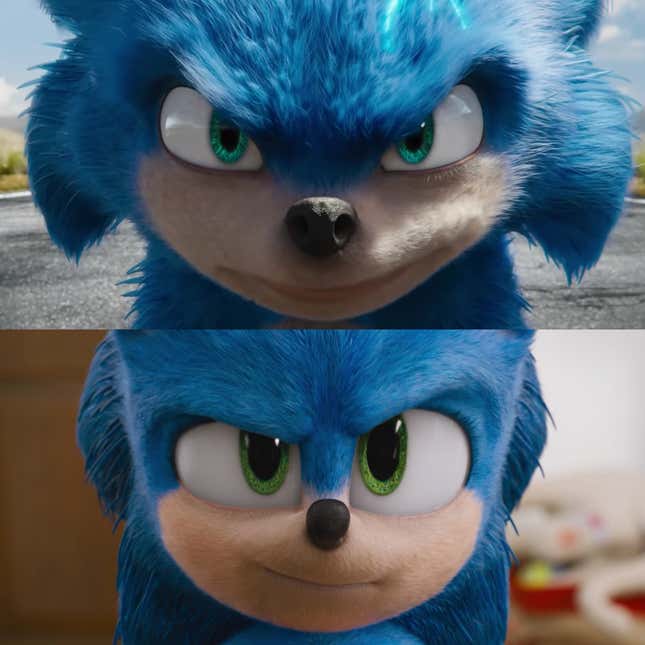 Before and after stills from the Sonic movie. In the previous rendition Sonic's portrayal was more human-like in appearance, unlike his more cartoony appearance fans of the video game were familiar with.