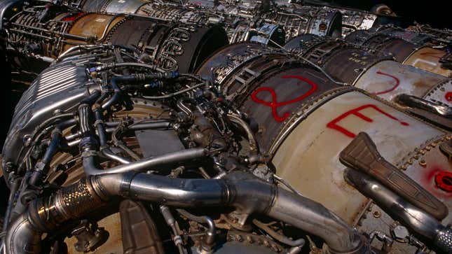 A photo of aircraft jet engines. 
