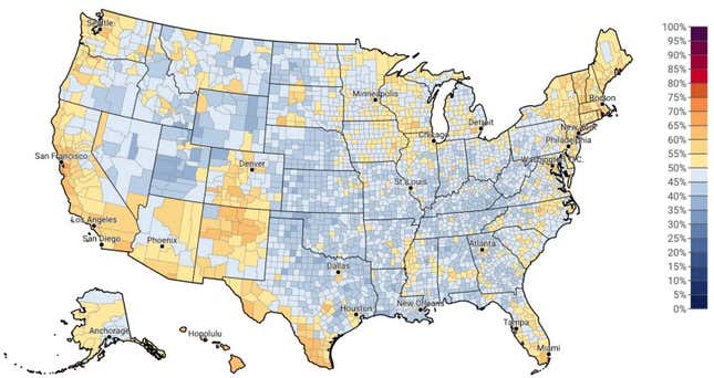 The percentage of Americans who understand that climate change is human-caused, by county. Source: Yale Program on Climate Change Communication