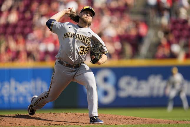 Jun 2, 2023; Cincinnati, Ohio, USA; Milwaukee Brewers starting pitcher Corbin Burnes (39) throws a pitch in the second inning of the MLB National League game between the Cincinnati Reds and the Milwaukee Brewers at Great American Ball Park.