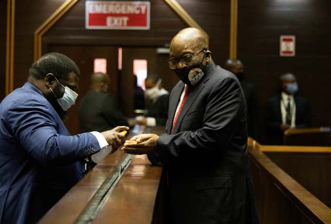 Former South African President Jacob Zuma arrives at court on charges of fraud, racketeering and money laundering in Pietermaritzburg, South Africa, June 23, 2020.