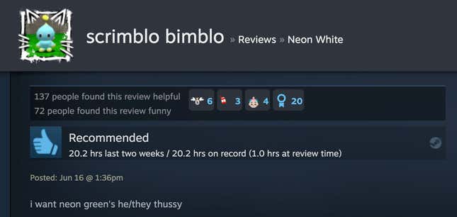 Image for article titled Neon White’s Steam Reviews Are Horny As Hell