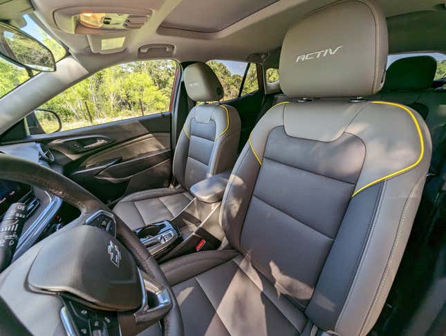 The front seats of the 2024 Chevy Trax Activ highlighting the materials of the seats and unique trim details