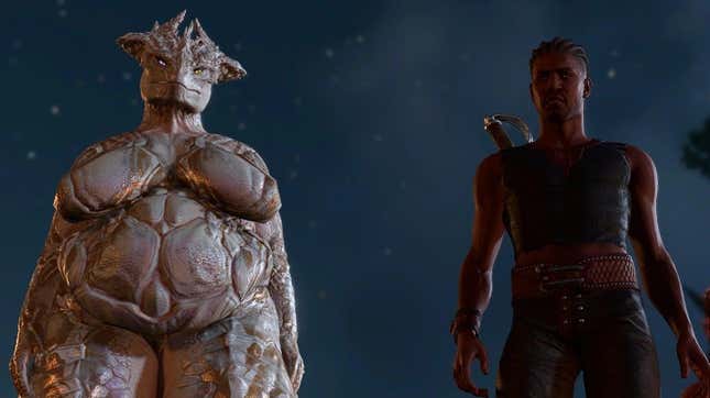 A dragonborn character is shown standing next to Wyll at night.