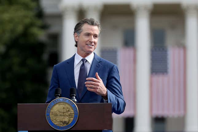 SACRAMENTO, CA - JANUARY 06: Gov. Gavin Newsom gives the inaugural address after taking the oath of office being sworn in by Chief Justice Patricia Guerrero, at his inauguration ceremony at the Capitol Mall on Friday, Jan. 6, 2023 