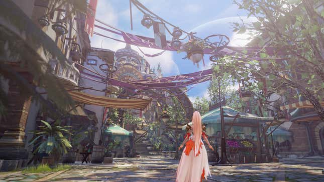 A woman in armor and long robes looks out at a bucolic village street.
