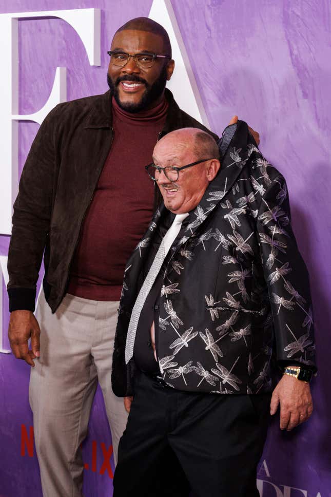 Tyler Perry, left and Brendan O’Carroll joke around as they arrive at the Los Angeles premiere of “Tyler Perry’s A Madea Homecoming” on Tuesday, Feb 22, 2022, at Regal LA Live &amp; 4DX Cinemas.