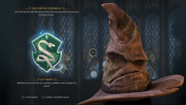 The Sorting Hat is seen sorting the player into the Slytherin house.