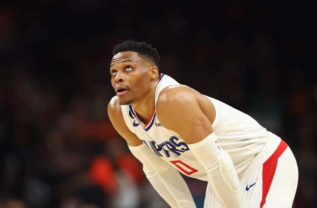 Apr 9, 2023; Phoenix, Arizona, USA; Los Angeles Clippers guard Russell Westbrook (0) against the Phoenix Suns at Footprint Center.