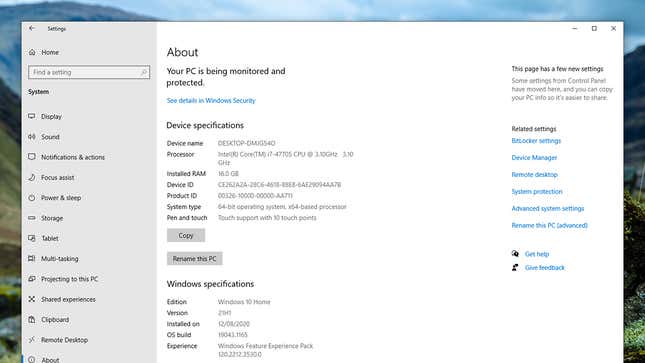 Use the About screen to check your system specs.
