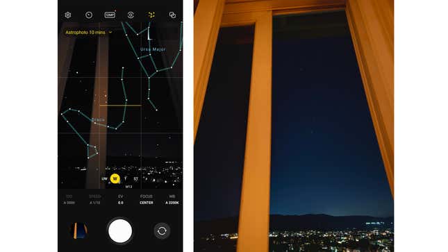 A screenshot and photo of the Galaxy S23 Ultra's astrophotograph mode