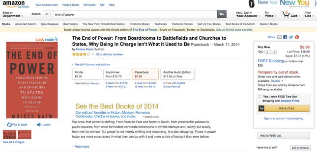 As of 10:30 a.m. EST, the End of Power was temporarily sold out on Amazon.com.