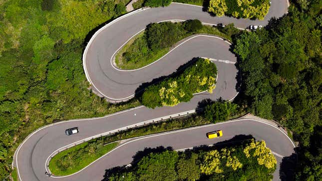 Aerial photo of a twisting mountain road  