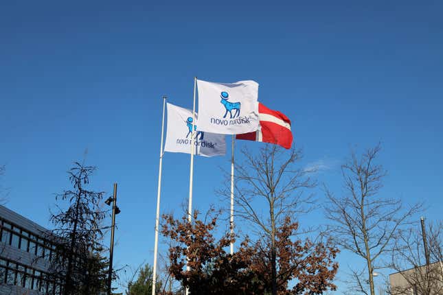 Flags are seen outside Novo Nordisk headquarters in Copenhagen, Denmark
