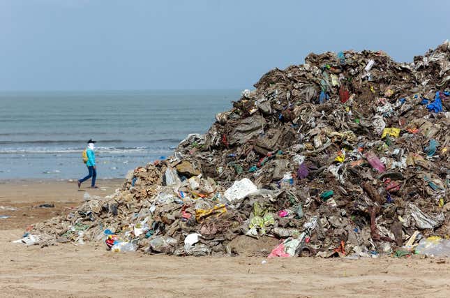 A pile of waste collected on Mumbai’s Juhu Beach. As per estimates, 14 million tons of plastic make their way into our oceans every year.