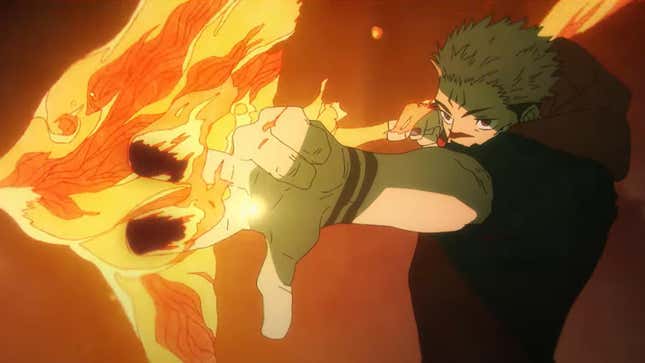 Sukuna creating a flaming arrow in a scene from Jujutsu Kaisen's second season.