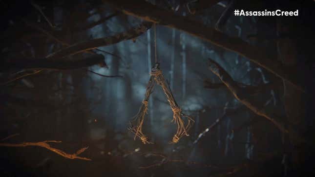 The Assassin's Creed logo is made out of twigs and hangs from a tree.