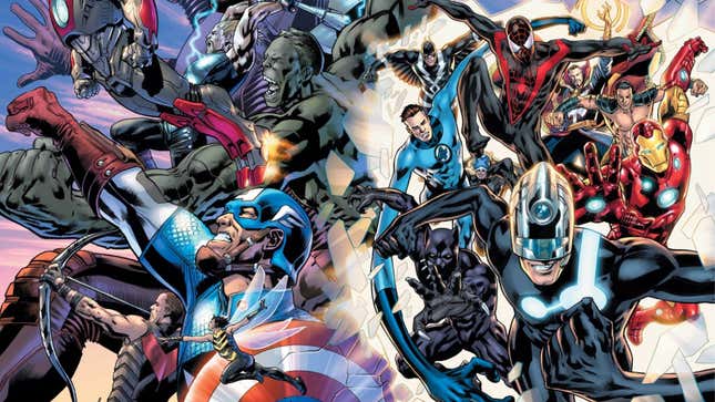 The Ultimates strike a pose while the Illuminati, Miles Morales, and the Maker leap into action.