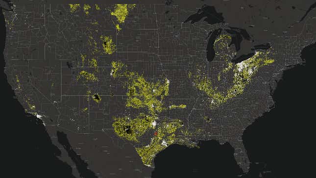 The Oil and Gas Threat Map; the yellow represents the half-mile “threat radius.”