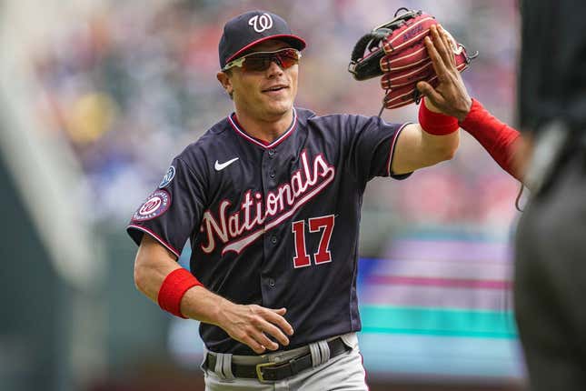 Jun 11, 2023; Cumberland, Georgia, USA; Washington Nationals center fielder Alex Call (17) reacts after making a leaping catch to take a hit away from Atlanta Braves center fielder Michael Harris II (23) (not shown) during the sixth inning at Truist Park.