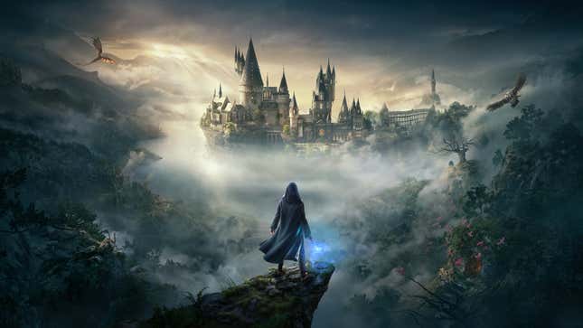 Artwork from Hogwarts Legacy that features a wizard standing on the edge of a cliff and looking out over Hogwarts castle. A dragon flies overhead. 