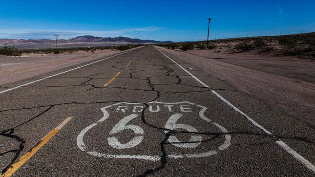 A photo of a Route 66 marker on the highway