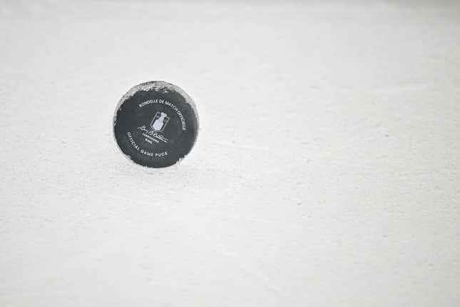 May 29, 2023; Dallas, Texas, USA; A view of an NHL puck with the Stanley Cup logo on the ice during the first period between the Dallas Stars and the Vegas Golden Knights in game six of the Western Conference Finals of the 2023 Stanley Cup Playoffs at American Airlines Center.