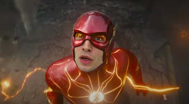 The Flash is shown looking at something above with a shocked expression.