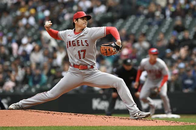 Apr 5, 2023; Seattle, Washington, USA; Los Angeles Angels starting pitcher Shohei Ohtani (17) throws a pitch against the Seattle Mariners during the first inning at T-Mobile Park.