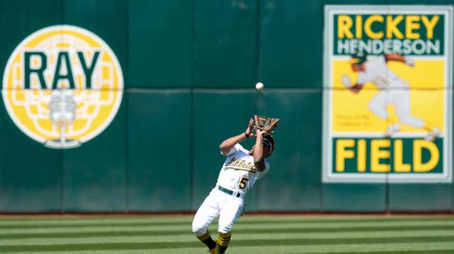 Oakland Athletics second baseman Tony Kemp catches a pop out by Chicago Cubs’ Patrick Wisdom during the eighth inning.