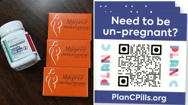 Mifepristone (Mifeprex) and Misoprostol, the two drugs used in a medication abortion, and a sticker for PlanCPills.org
