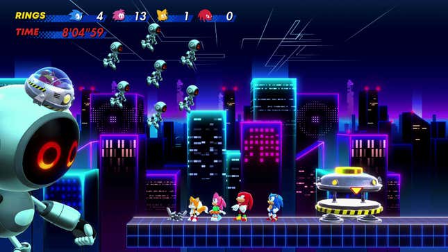 Tails, Amy, Knuckles et Sonic font face à une escouade de robots avec Eggman à la barre.