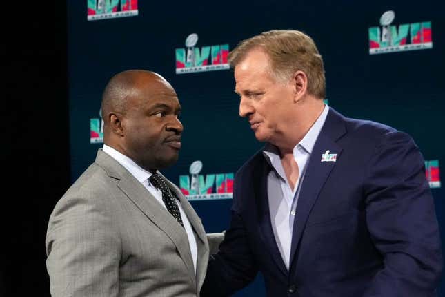 Feb 8, 2023; Phoenix, AZ, USA; NFL commissioner Roger Goodell (right) and NFLPA executive director DeMaurice Smith interact at press conference at Phoenix Convention Center.