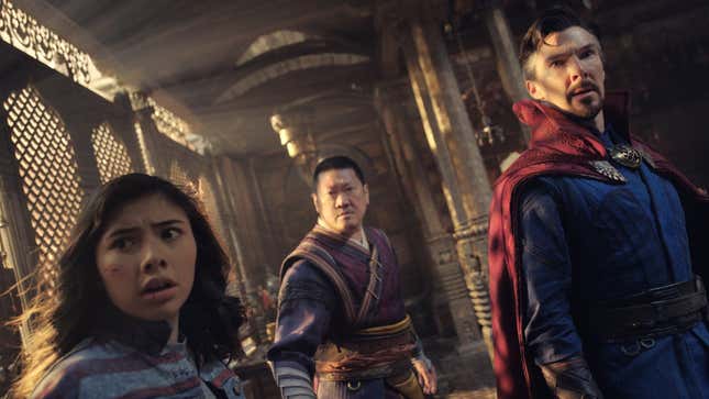 From left: Xochitl Gomez, Benedict Wong and Benedict Cumberbatch in Doctor Strange In The Multiverse Of Madness