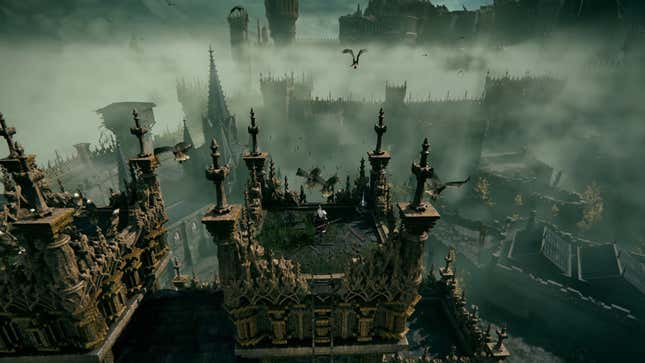 A cloudy castle area in Lands Between with dragons flying overhead