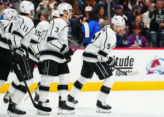 Mar 9, 2023; Denver, Colorado, USA; Los Angeles Kings right wing Adrian Kempe (9) following his goal in the first period against the Colorado Avalanche at Ball Arena.