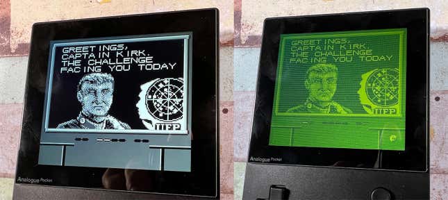 A side-by-side photo of the Analogue Pocket running a Game Boy game in two different display settings.