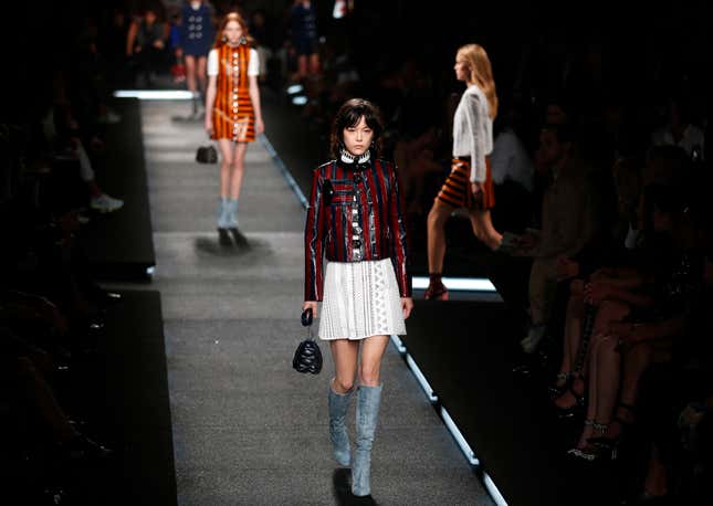 A model wears a creation for Louis Vuitton's Spring/Summer 2015 ready-to-wear fashion collection presented in Paris, France, Wednesday, Oct. 1, 2014. (AP Photo/Francois Mori)