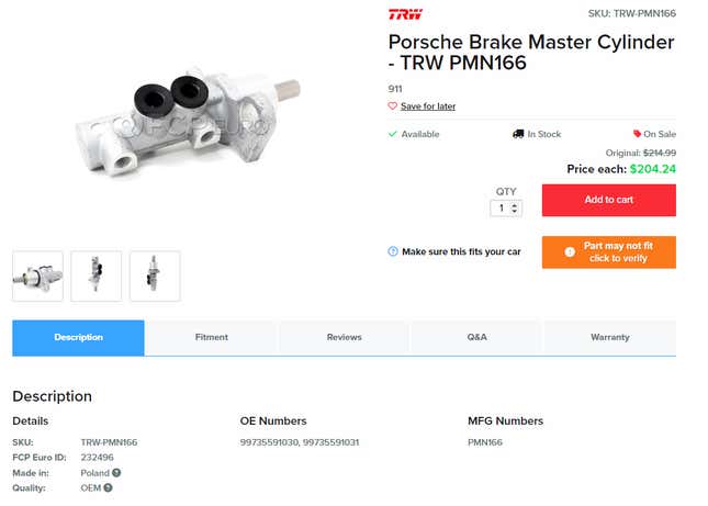 A screenshot of an FCP Euro catalog page for a Porsche brake master cylinder