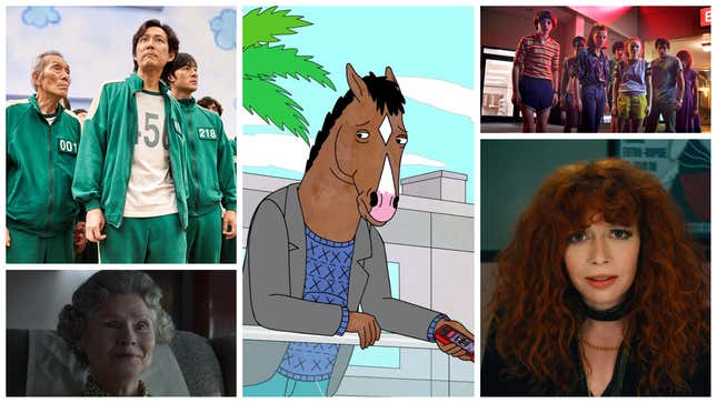 Clockwise from lower left: The Crown, Squid Game, Stranger Things, Russian Doll, BoJack Horseman (all images courtesy of Netflix)