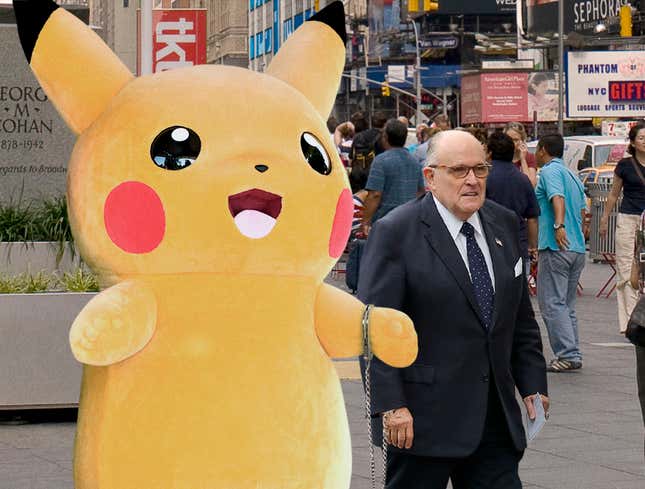 Image for article titled ‘They Can’t Arrest Both Of Us,’ Says Giuliani Handcuffing Himself To Times Square Pikachu