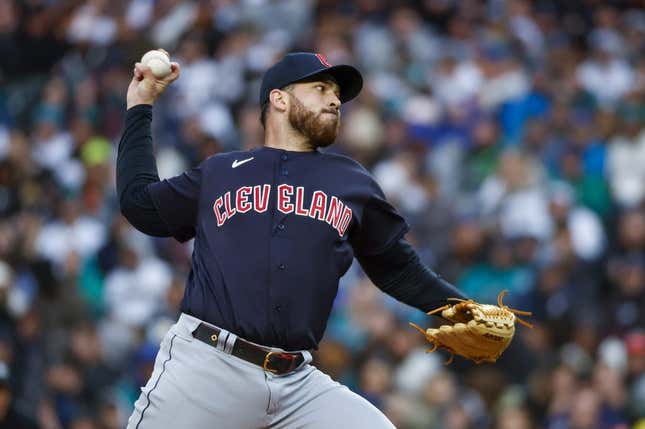 Apr 1, 2023; Seattle, Washington, USA; Cleveland Guardians starting pitcher Aaron Civale (43) throws against the Seattle Mariners during the second inning at T-Mobile Park.