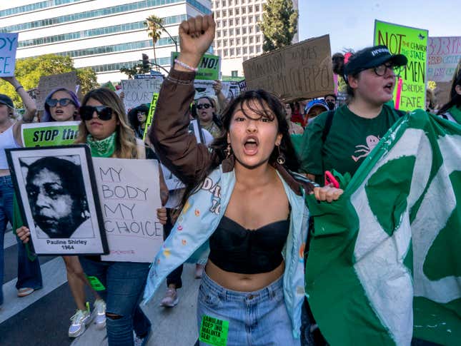 Arianna Villavicencio, 16, marches with abortion-rights activists from the First Street U.S. Courthouse, Central District of California, in downtown Los Angeles, Monday, June 27, 2022.